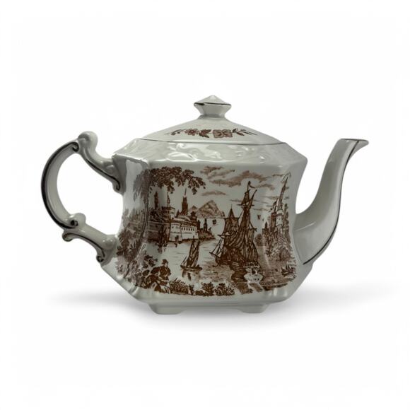 Vintage 1960s Ellgreave Staffordshire Ironstone Teapot Safe Harbor Transferware - Picture 1 of 16